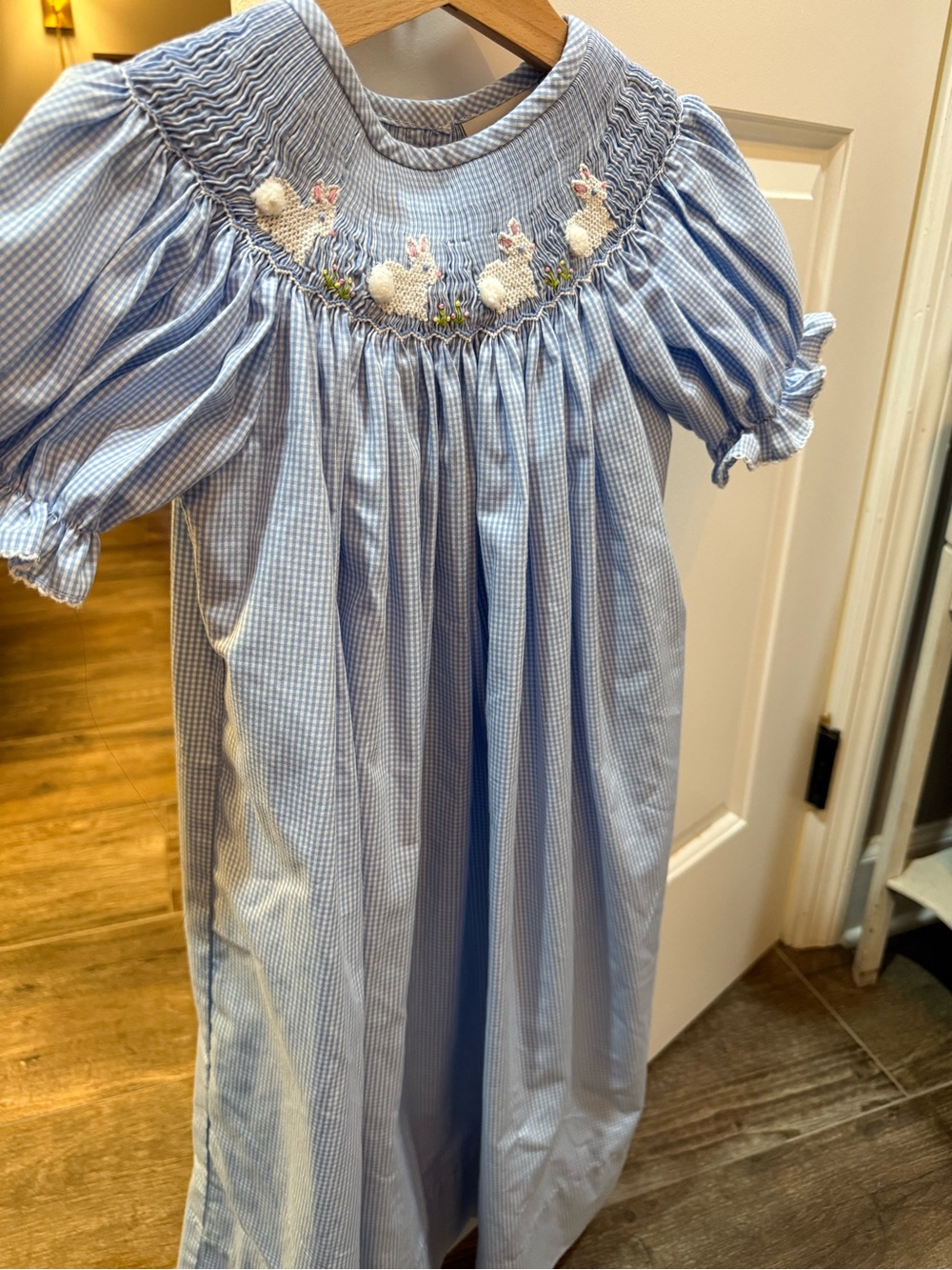 Smocked Bunny Gingham Dress for Kids - Light Blue